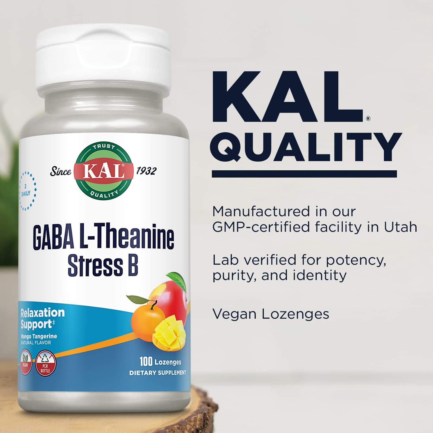 KAL GABA L-Theanine Stress B Lozenge, B Complex Vitamin Supplement, Healthy Relaxation, Mood & Focus Support, Natural Mango Tangerine Flavor, Vegan, 50 Servings, 100 Lozenges