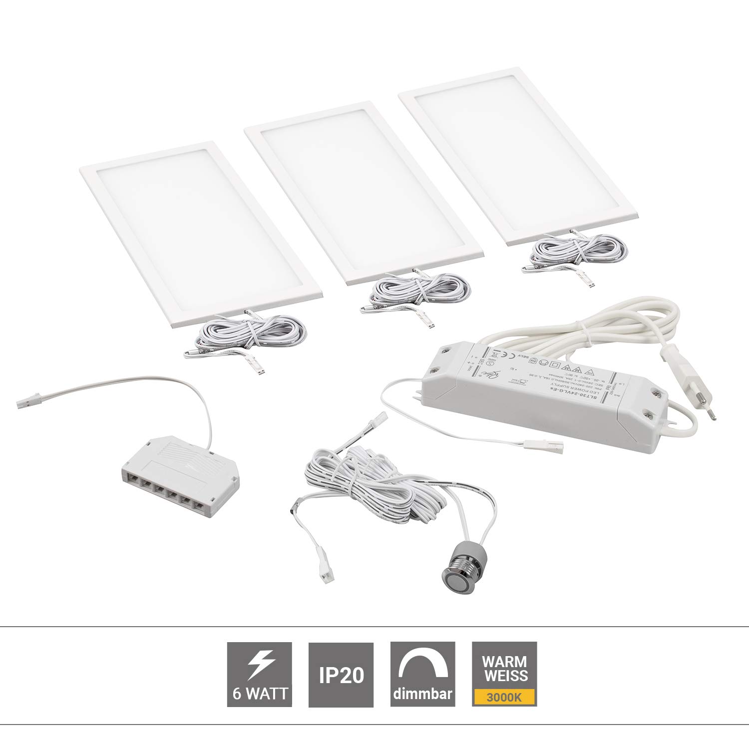 Rolux LED Unterbauleuchte DF-1910 3er-Set, 3 × 6 W (18 W), 24 V DC, dimmbar mit IR-Sensor-Schalter, superflach (nur 5,3 mm), blendfreies warmweißes Licht 3000 K, Aluminiumgehäuse, unsichtbare Montage