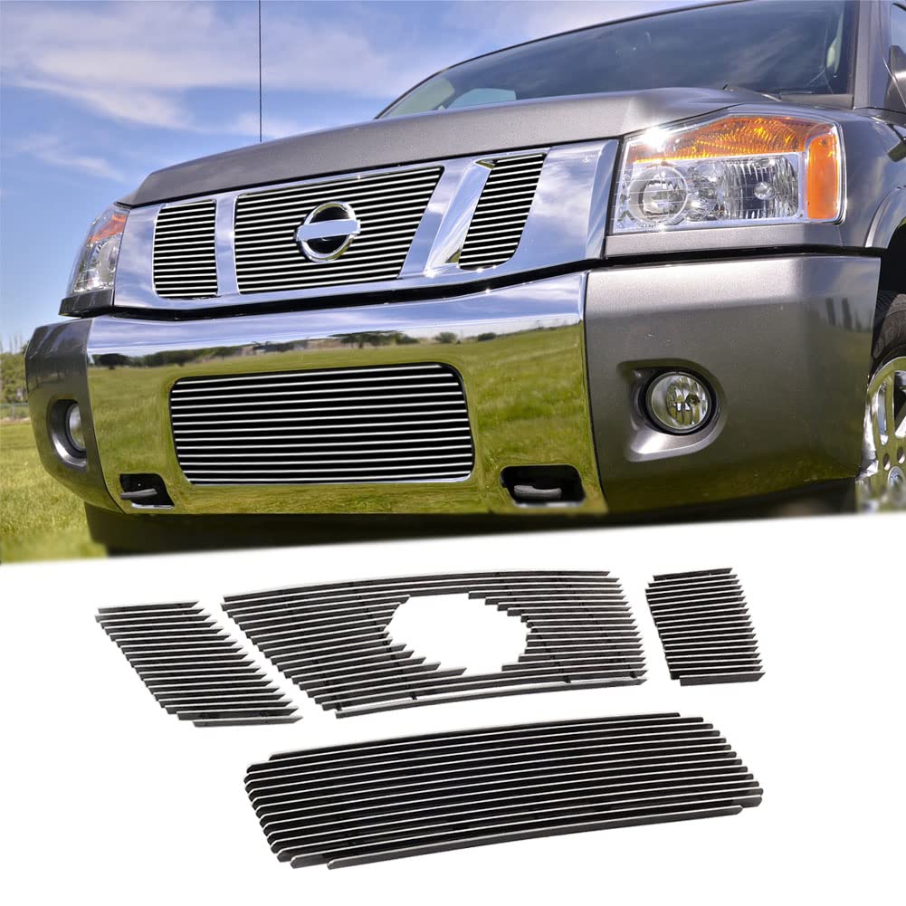 Grille Inserts Combo for 2008-2014 Nissan Titan Billet Grille Polished Chrome Horizontal Billet Grille