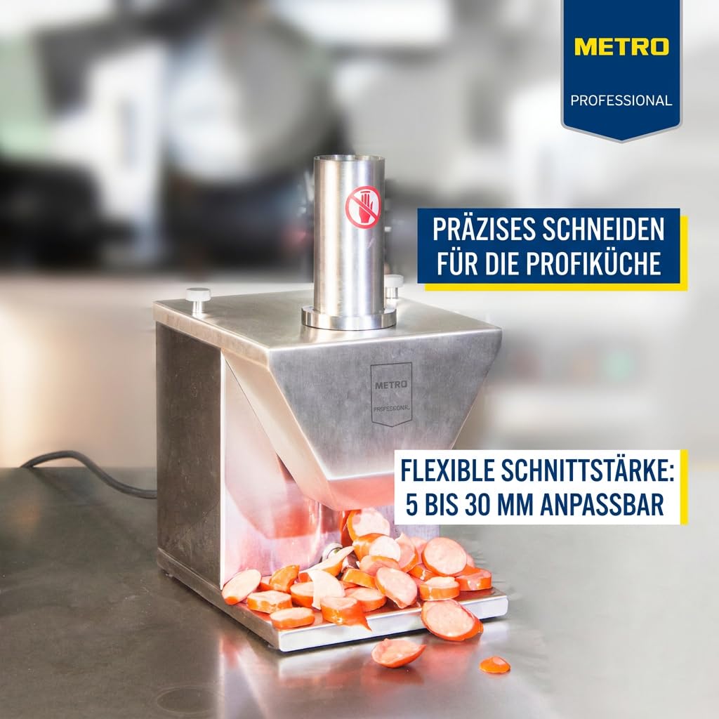 METRO Professional Currywurstschneider GWS1000 - Edelstahl, 29 x 24,5 x 36,5 cm, einstellbare Schnittstärke 5-30 mm, doppelte Sichelklinge, 135 W, Sicherheitsfunktion, kompakt & hygienisch, silber