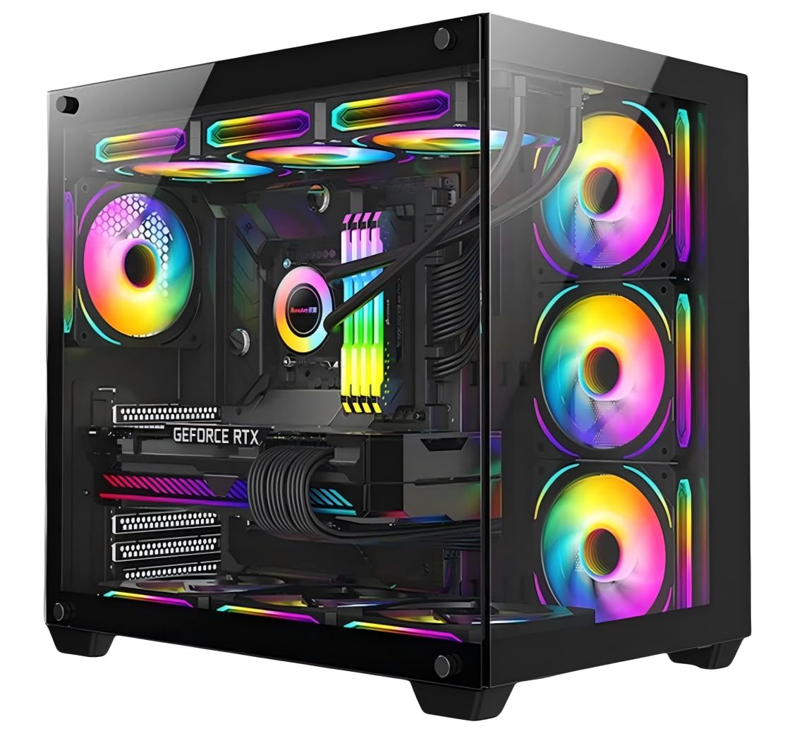 Tower PC Case with 5 Infiniti ARGB Fans Installed with ARGB Fan Remote Contoller, Tempered Glass, Compatible with Wide ATX Motherboard