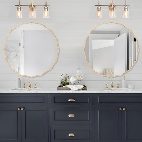Miniatura 11 de Espejo redondo decorativo para pared de 28 pulgadas, moderno espejo ondulado dorado con marco de madera, espejo de pared circular para baño