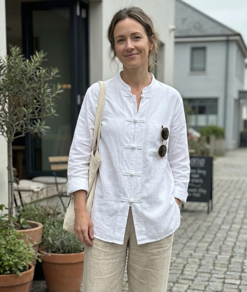 Kedera Women's Linen Shirts Retro Mandarin Collar Chinese Frog Button Tops Blouse - Image 2