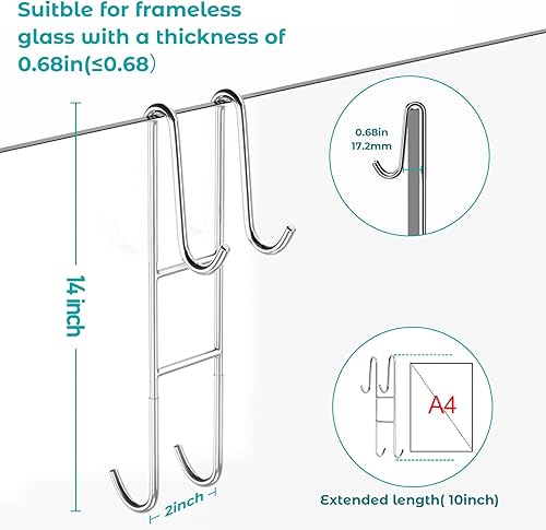Miniatura 8 de Cerbonny Ganchos para puerta de ducha (10 pulgadas), paquete de 2 ganchos extendidos para toallas de baño, ganchos para puerta de vidrio sin marco,