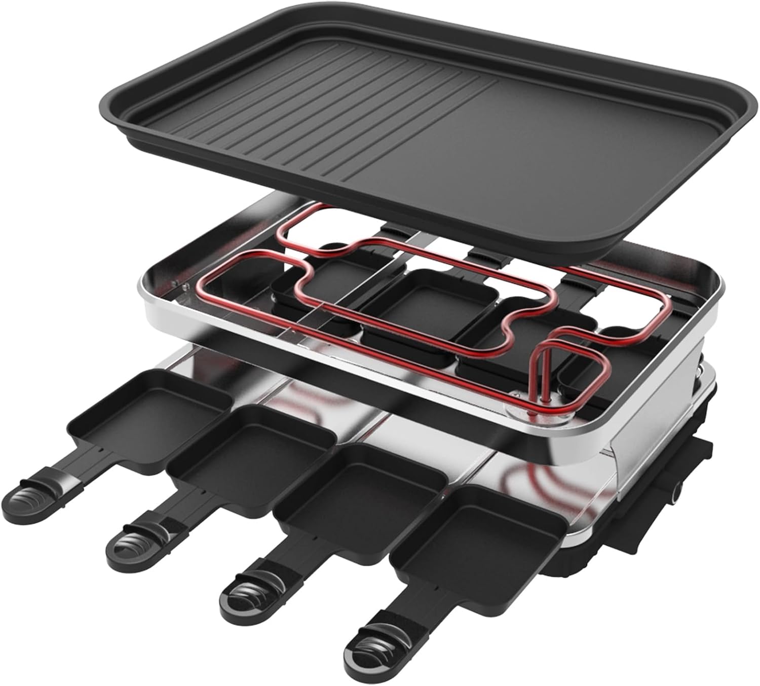 Raclette Grill 8 People Grill Plate Non-stick Coated, Raclette with 8 Mini Raclette Pans, Infinitely Adjustable Temperature, 1500W