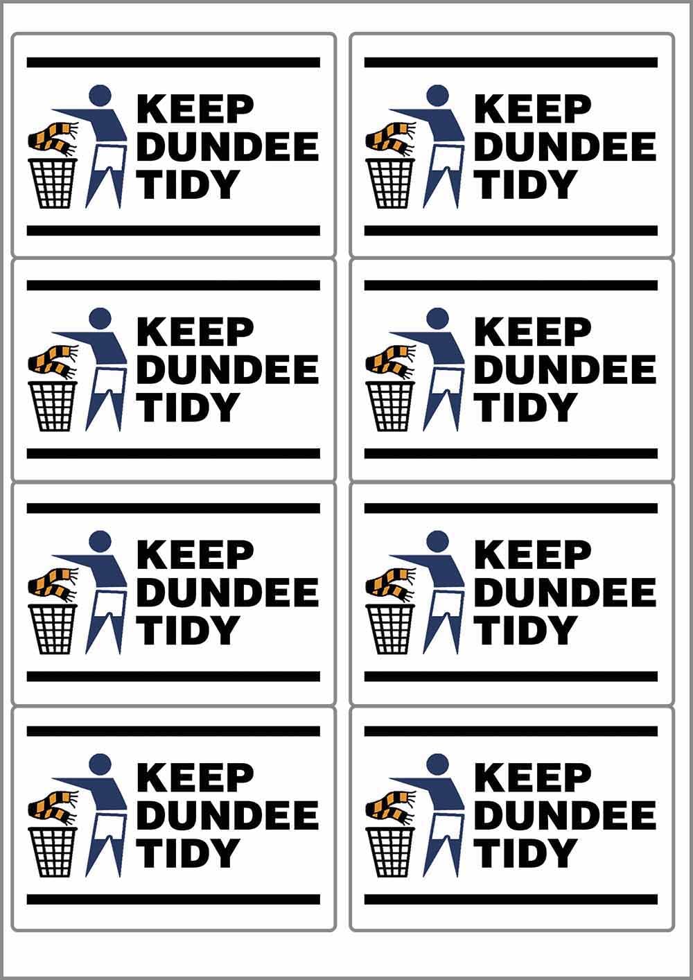 Keep Dundee Tidy Rectangular Matt Paper Stickers A4 Sheet of 8 (Each Sticker is 99mm x 68mm)