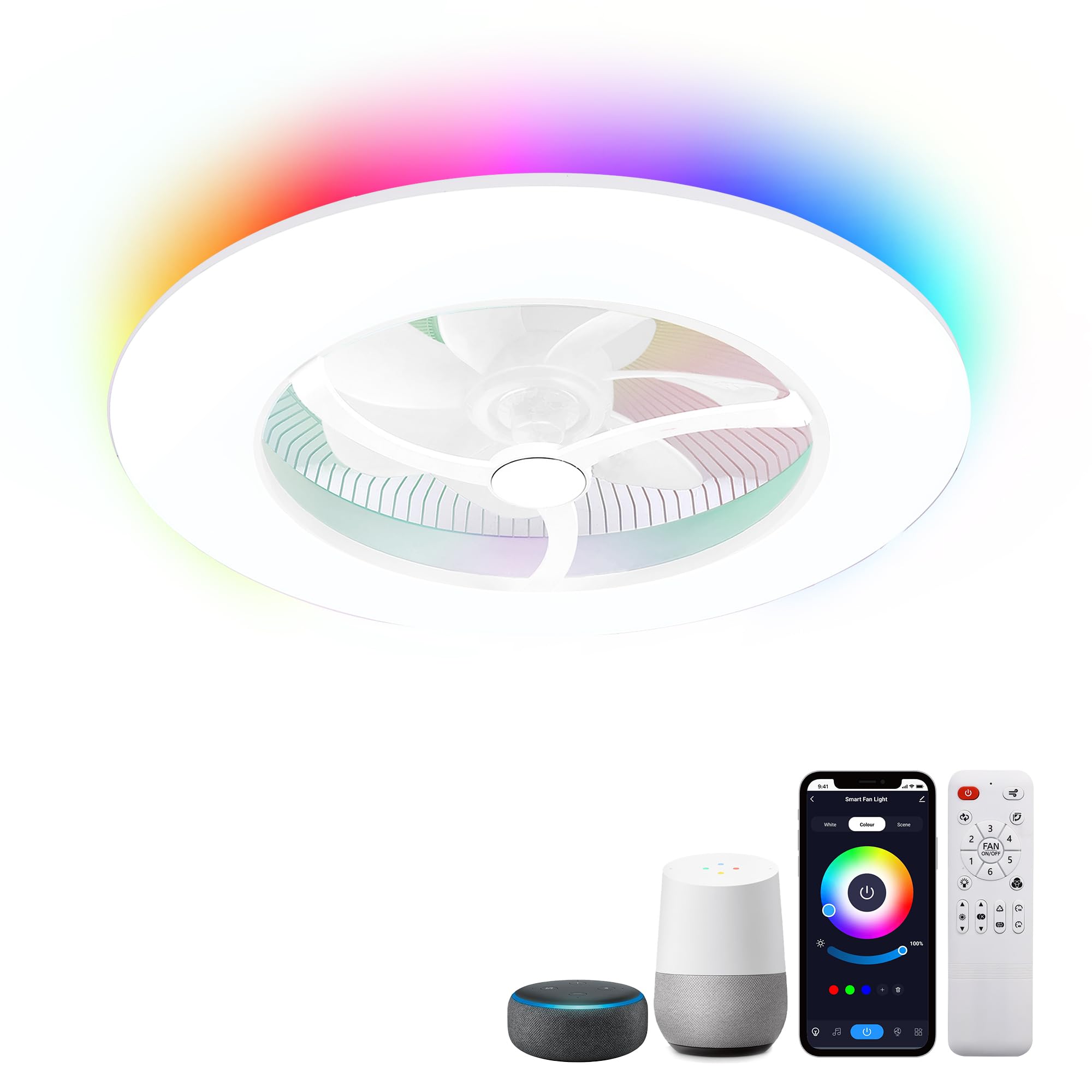 Bladeless Ceiling Fans with Lights, 24" Low Profile Ceiling Fan with Alexa, APP Control, Flush Mount RGB Ceiling Fan Dimmable Color Changing LED Ambient Light White