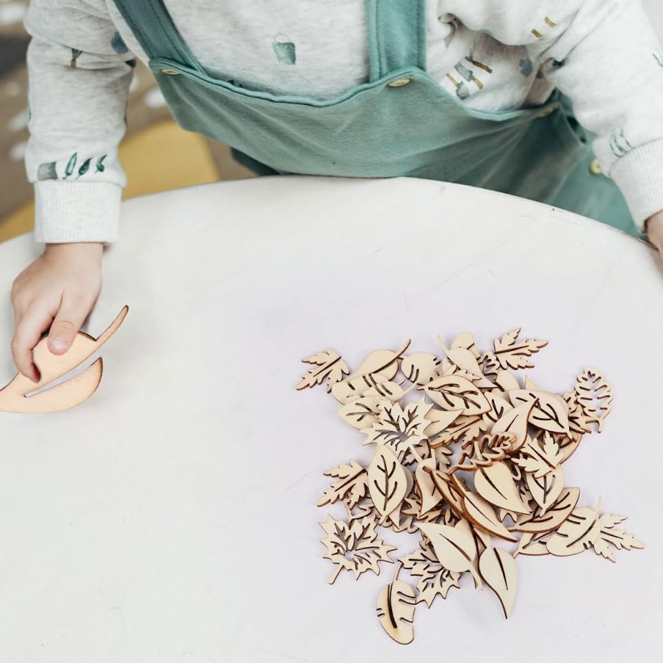 100Pcs Mini Wood Leaves for Crafts Unfinished Wooden Slices DIY Handmade Wooden Pieces for Scrapbooking Wedding Party Festival Home Decor Gift Package Decoration image 5