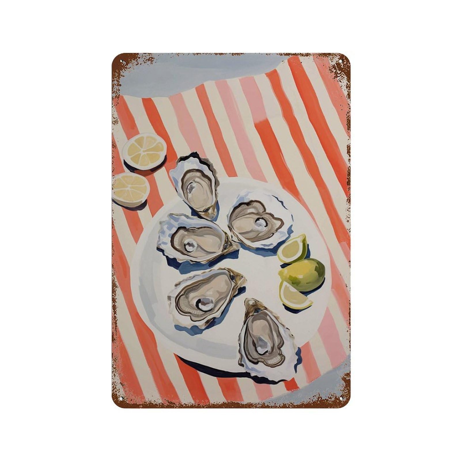 xiaoxiaoshen Oysters And Lemon Coastal Kitchen Seafood Plate Striped Tablecloth Food French R Wall Decor Art Metal Tin Poster Modern Home Decor Art Home Bar Shop Decorations Vintage Sign 30x20cm