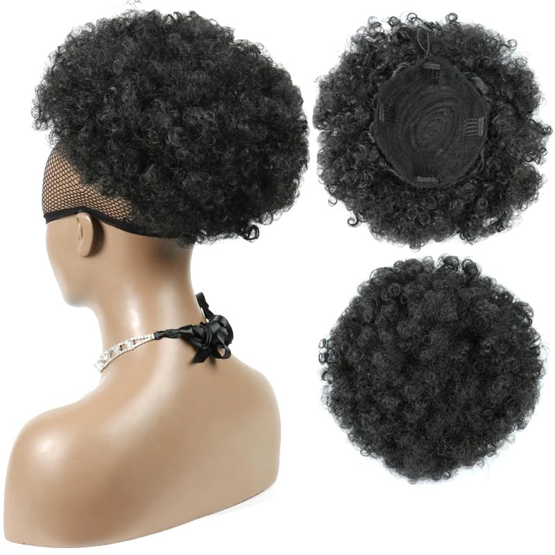 Cabello humano afro rizado con cordón, cola de caballo alta con cordón, moño con 2 clips en las extensiones de pelo Updo Donut Chignon pelo corto