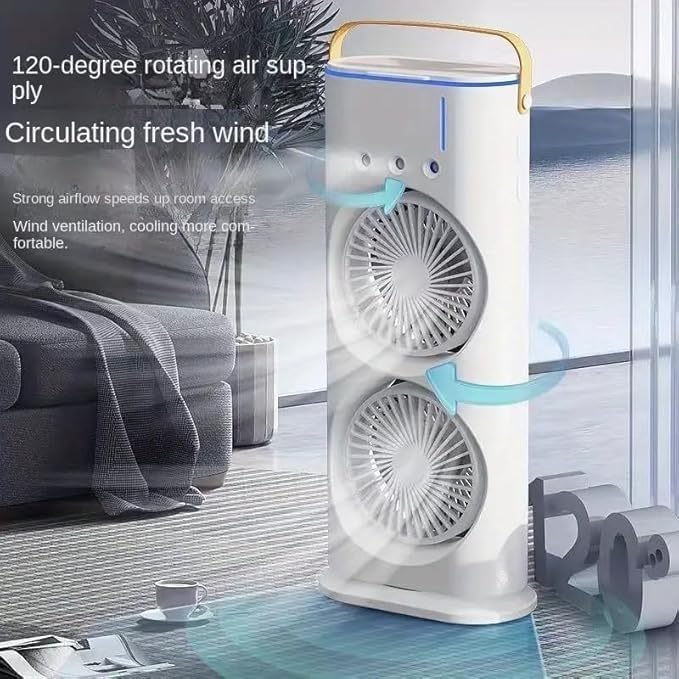 Image of Drumstone 𝟏𝟓 𝐘𝐞𝐚𝐫𝐬 𝐖𝐚𝐫𝐫𝐚𝐧𝐭𝐲 Dual-Head Cooling Fan with Nanocondensation Ice Mist Technology, 3 Wind Speeds, Adjustable Rotation and Colorful Lights - Perfect for Home & Office Cooling