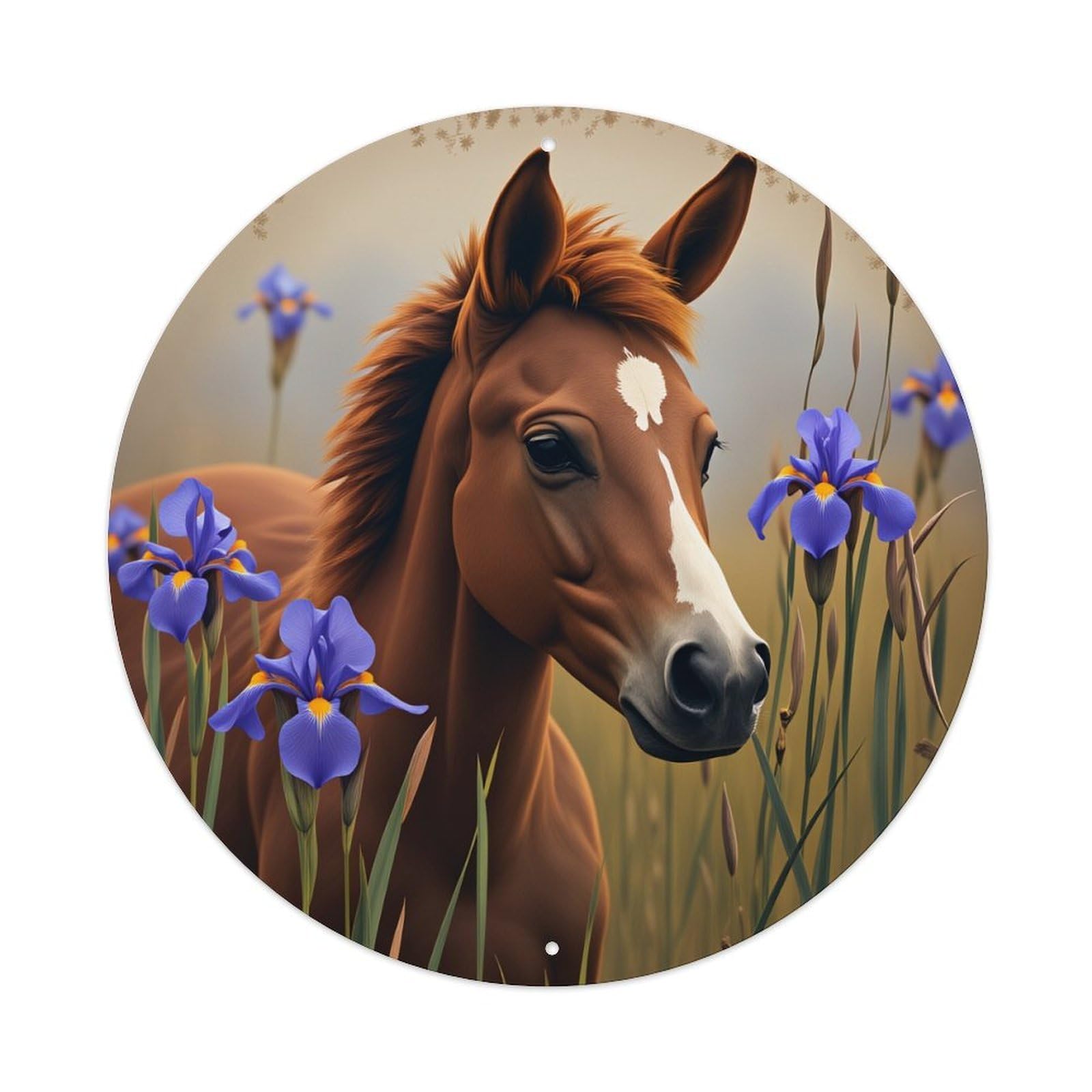 Wmlzdnwr Vintage Horse With Blue Irises In Field Pattern Print Round Tin Sign,Retro Wall Art,Metal Poster For Home, Bar, Garage, Cafe, Rustic Indoor & Outdoor Decor, 8X8 Inches