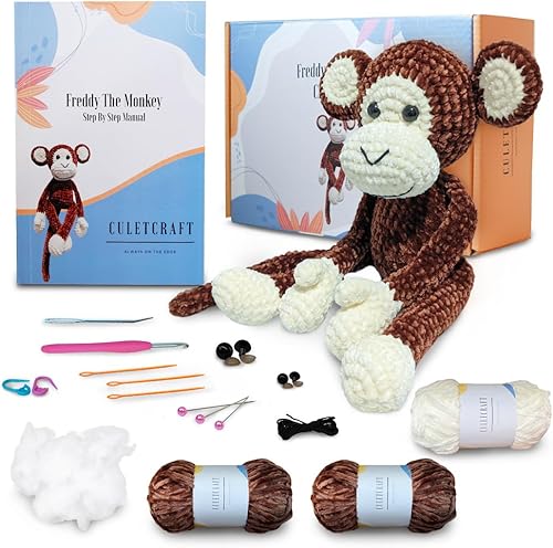 CULETCRAFT Kit de ganchillo para adultos principiantes, Freddy The Monkey Kit de animales de ganchillo para principiantes, aprende a ganchillo con