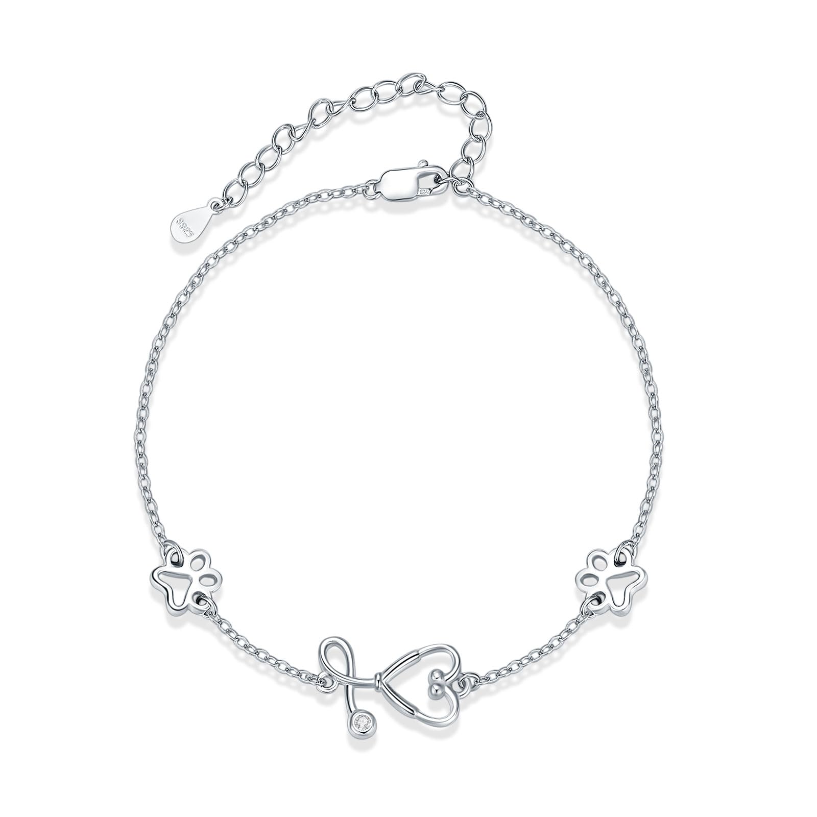 YFN Pulsera veterinaria de plata de ley 925 con dije veterinario, pulsera con diseño de huellas de huellas de estetoscopio, joyería veterinaria para mujeres y niñas, regalos para estudiantes