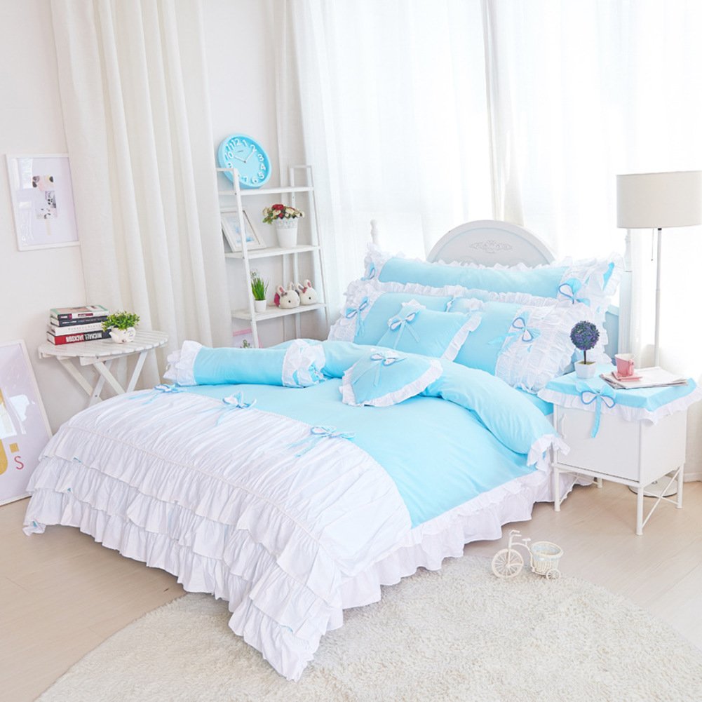 Housse de couette bleu ciel en coton style européen avec jupe de lit