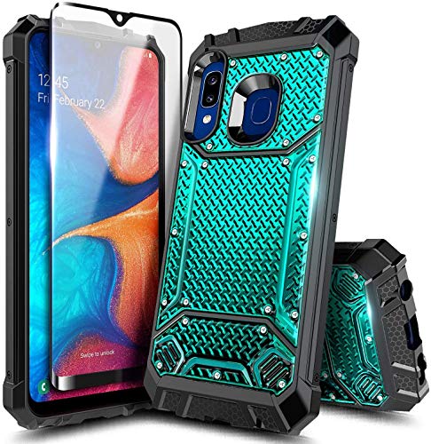 E-Began Case for Samsung Galaxy A20/A30/A50/A30s/A50s with Tempered Glass Screen Protector (Full Coverage), Full-Body Protective Shockproof Rugged Armor Military Bumper Case -Teal Plate