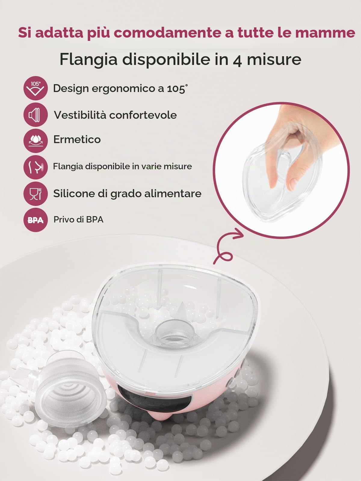 Lulia Tiralatte Elettrico Indossabile, 4 Modalità e 9 Livelli, 350mmHg Forte Aspirazione, Comfortabler, Senza Dolore, senza BPA, con Flange 17/19/21/24MM (1 Pezzi- Rosa)