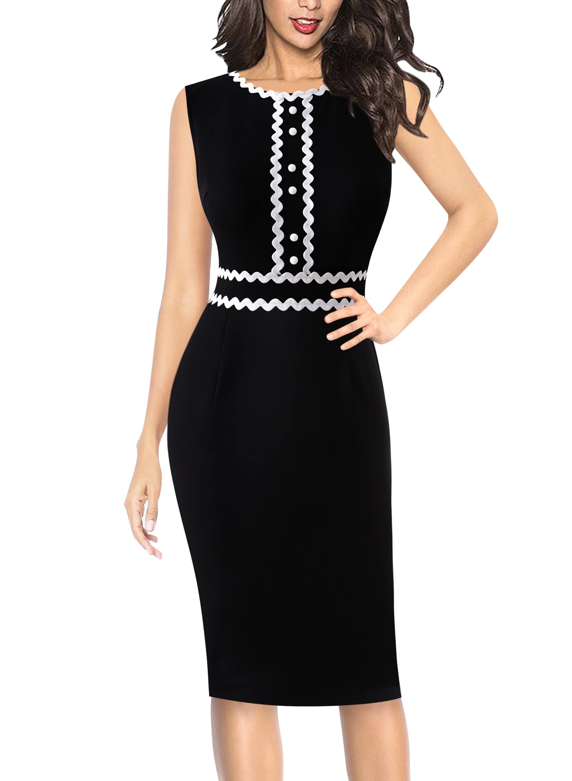 VFSHOW Womens Button Crew Neck Slim Work Office Business Party Bodycon Pencil Sheath Dress