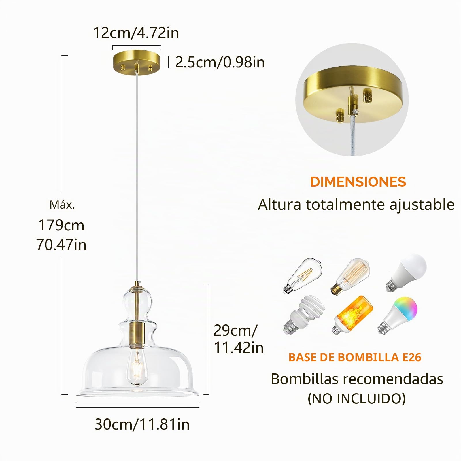 Lámparas de cristal transparentes en forma de campana, lámparas colgantes modernas con acentos dorados, ideales para la iluminación de cocinas, comedores y dormitorios (Gold-C)
