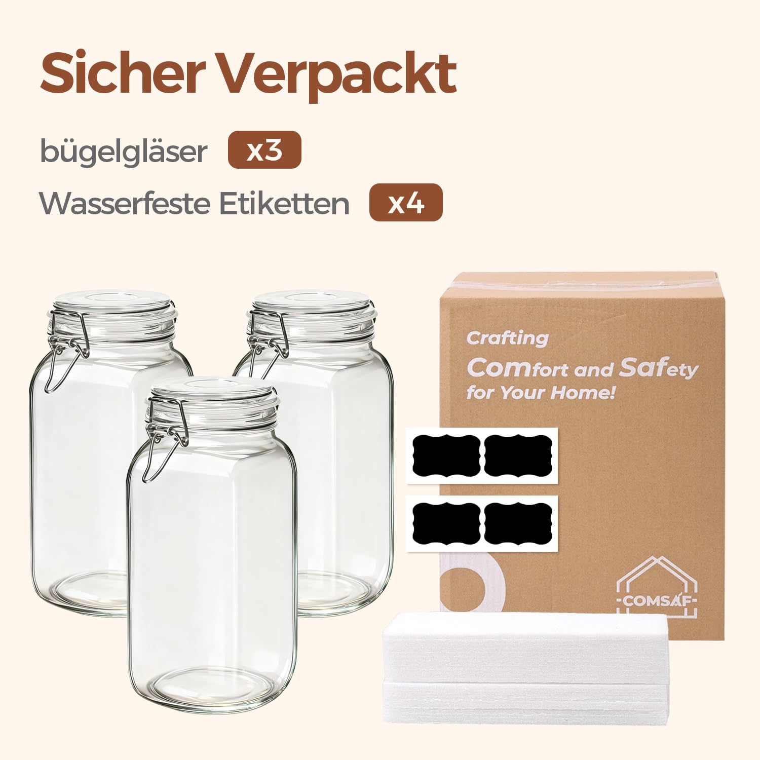 ComSaf 2,3L Luftdichtes Vorratsglas Eckig mit Drahtbügelverschluss 3er-Set, Vorratsgläser mit Deckel, Einmachgläser mit Bügelverschluss, Bügelverschluss für Lebensmittel Konservierung, Drahtbügelglas