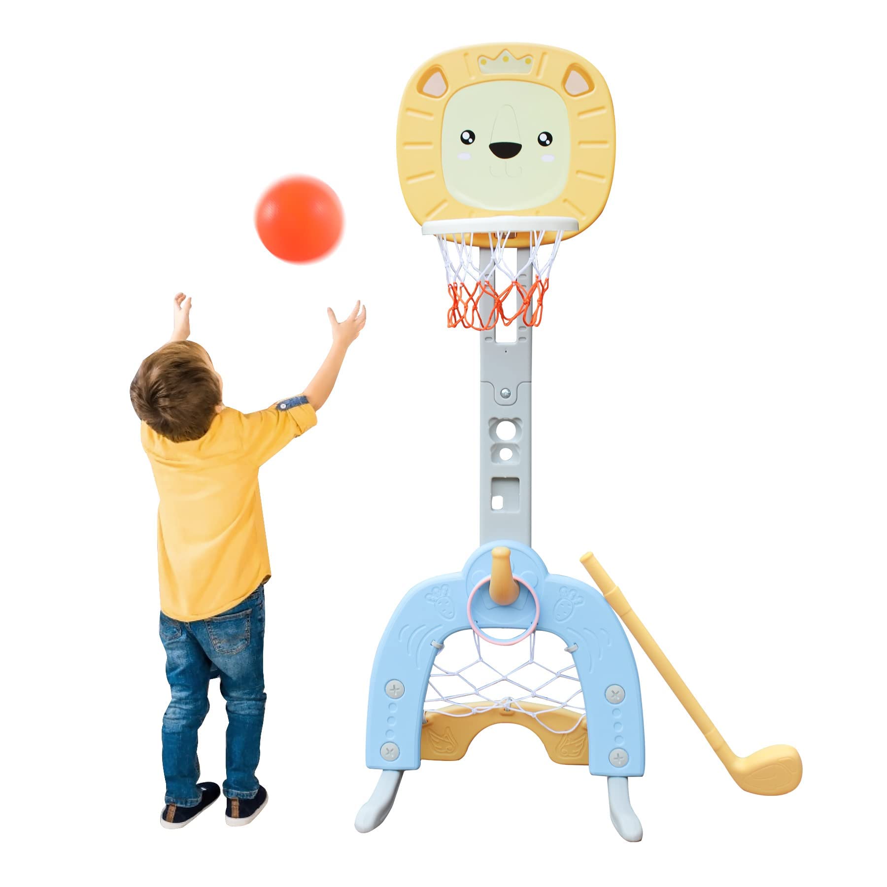 KIDS WONDER4 in 1 Basketball Hoop for Kids, Football & Golf & Ring Toss Game Sets, Adjustable Height Toy Sports Activity Center for Indoor Outdoor, Gift for Toddler (Yellow)