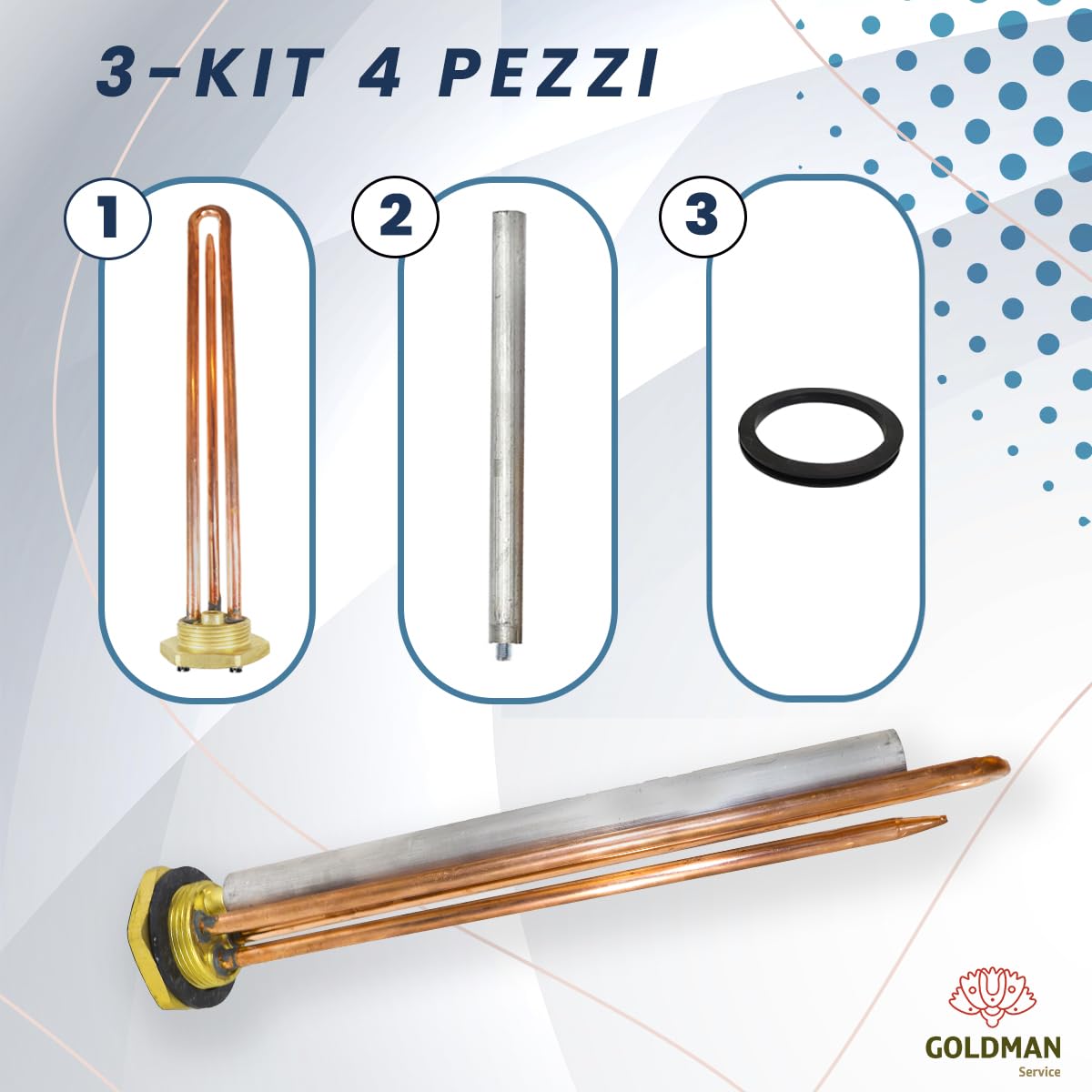 GOLDMAN SERVICE Kit di Resistenza Termo Elettrica Monoblocco Filettata da 1¼ Pollici - Anodo di Magnesio - Guarnizione. Ricambio per Termos di acqua, Accumulatore Solare, Caldaia (2000W)