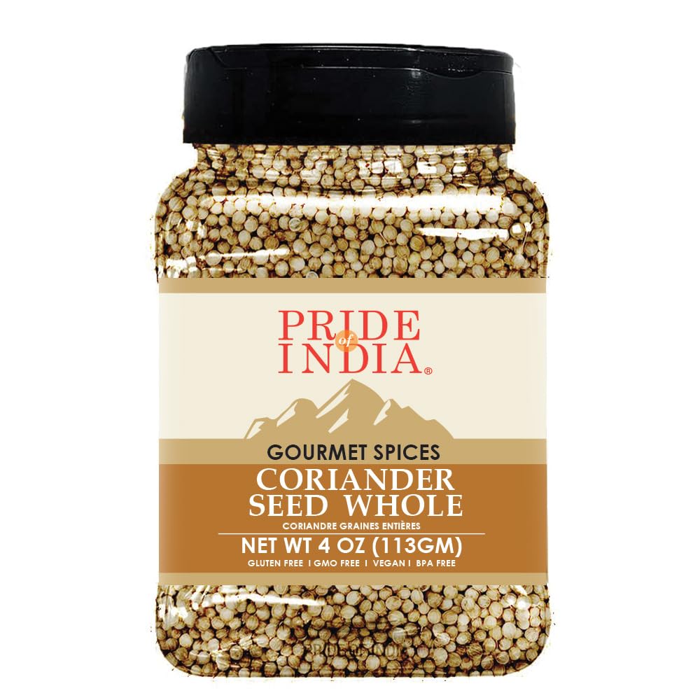 Pride of India – Coriander Seed Whole – Fresh & Gourmet Indian Whole Spice – Good for Curries/Meat/Chicken – Easy to Store – 8 oz. Medium Dual Sifter Bottle