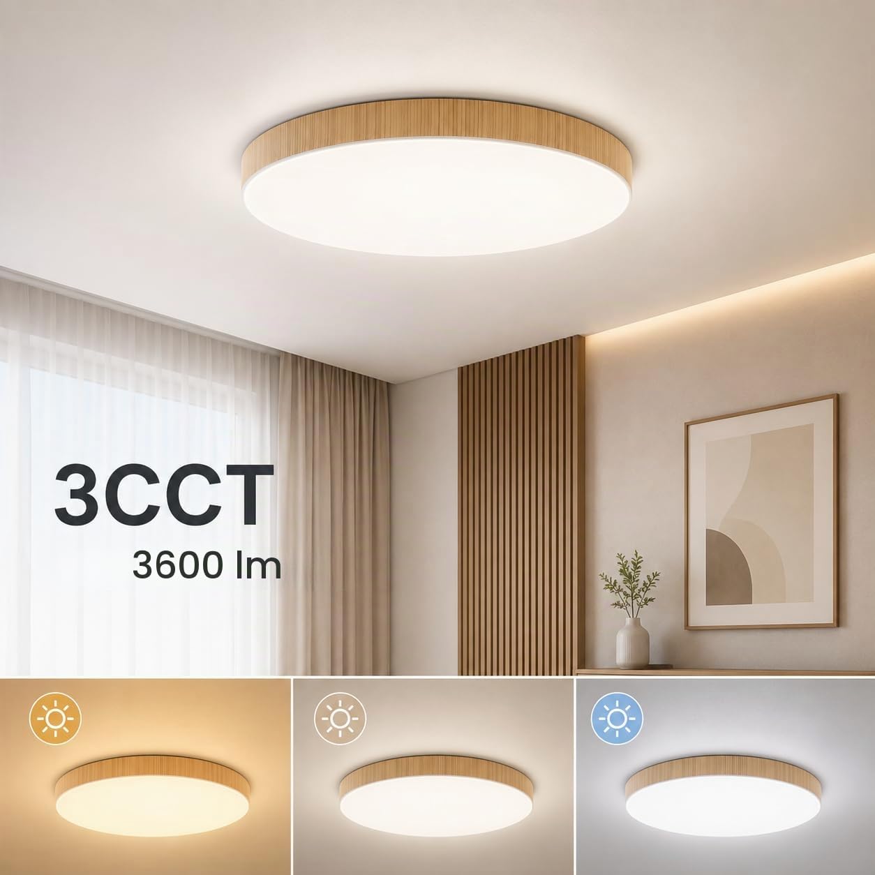 M Ledme - Plafoniera Led Legno Neox 36W, ø40 cm, CCT Dimmerabile da Luce Fredda a Luce Calda, ideale per Cucina, Balcone e Camera da Letto.