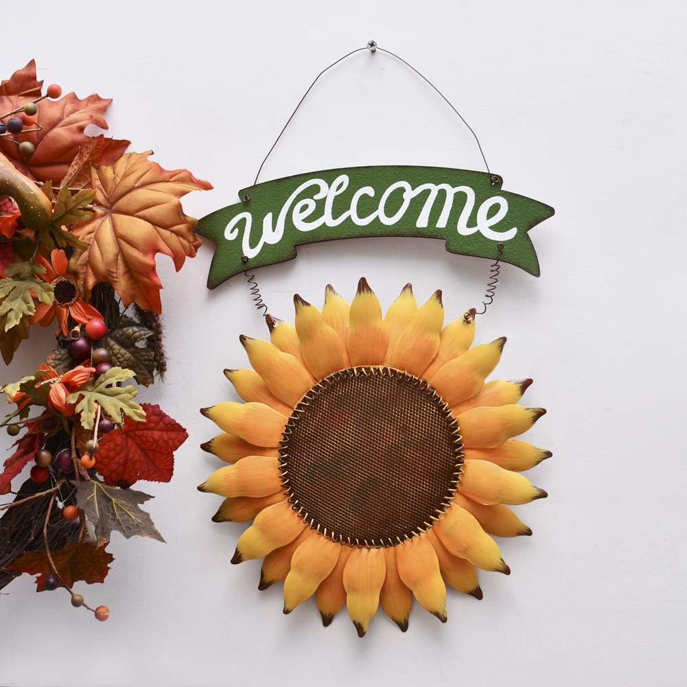 ACCENTHOME Metal Hanging Sunflower Welcome Wall Art Yard Art Outdoor Patio Fence Decor Door Decor (Yellow 2)