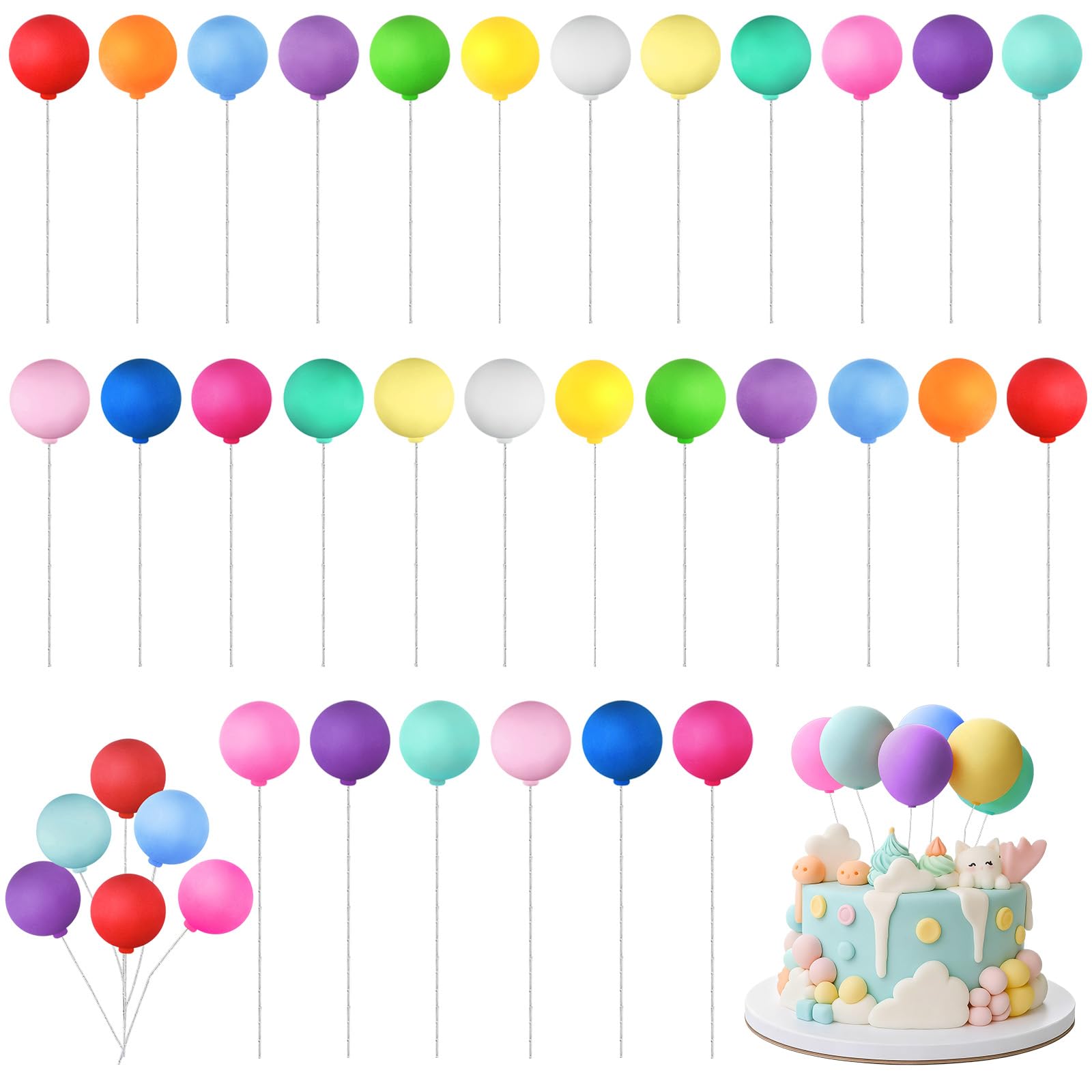 Skylety 30 Pcs Colorful Balloon Cake Toppers Mini Balloons on a Stick Birthday Cake Topper Decorations Rainbow Cupcake Picks Clay Ball for Birthday Wedding Baby Shower DIY Party(Assorted Color)