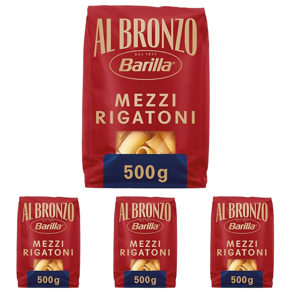 Barilla Pasta Al Bronzo Mezzi Rigatoni 500g I Nudeln aus Bronze-Formen, Saucenhaftung auf die italienische Art, 100% hochwertiger Hartweizen verleiht den vollmundigen Geschmack (Packung mit 4)