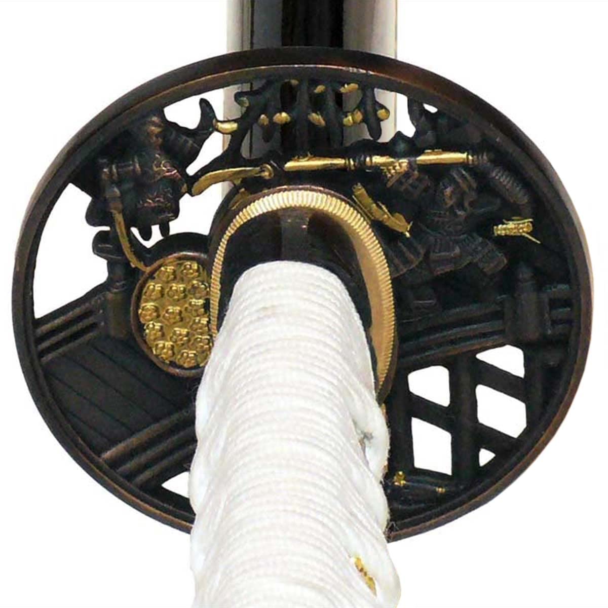 Katana Samuraischwert scharf - Handgeschmiedet aus Carbonstahl | Echtes Schwert im japanischen Stil – 104 cm - Weißes Griffband & dunkle Holz-Saya - 1045 Carbonstahl