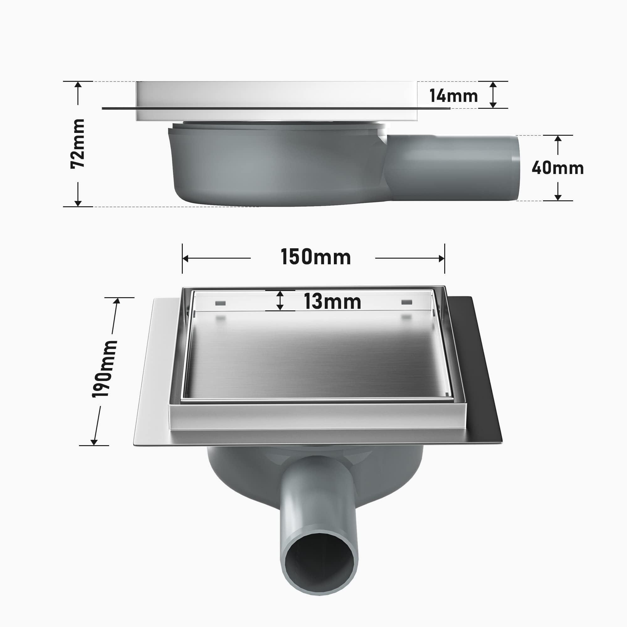Caniveau de douche en acier inoxydable Duadratisch - 15 cm - 2 en 1 - Avec siphon à 360° - Joint d'eau et filtre à cheveux améliorés - 2 adaptateurs de vidange DN50 DN40 - Argenté