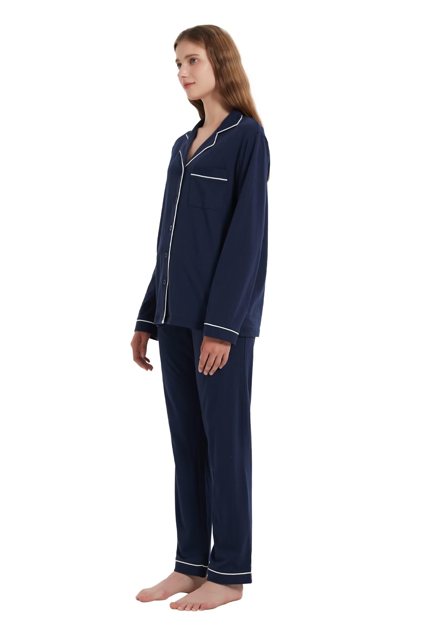 Amaxer Ensemble de Pyjama Coton Femme Vêtements de Nuit Femme 2 Pièces Comfy Manches Longues Bouton Down Col V Femme Pyjamas Set S-XXL