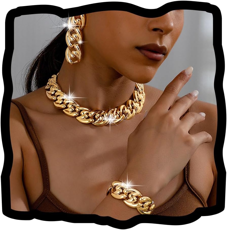 Gold Punk Necklace and Earrings Set African Statement Necklace Bracelet Set Vintage Chunky Choker for Women Hip Hop