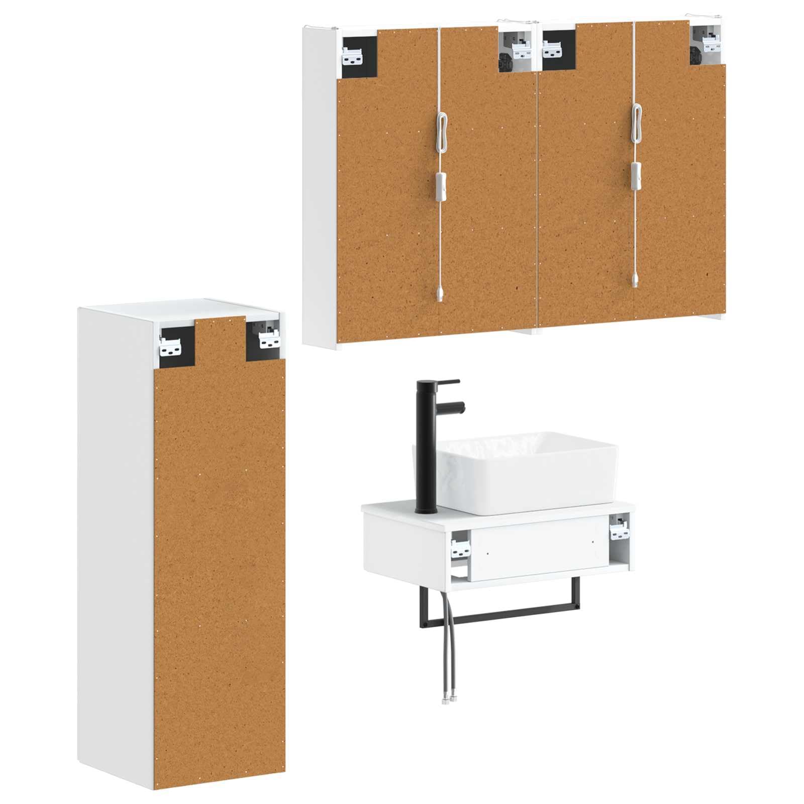 Juego de 4 muebles de baño de madera y cristal, color blanco, montaje en pared, con iluminación LED, espacio de almacenamiento, espejo de doble cara, fuente de alimentación USB