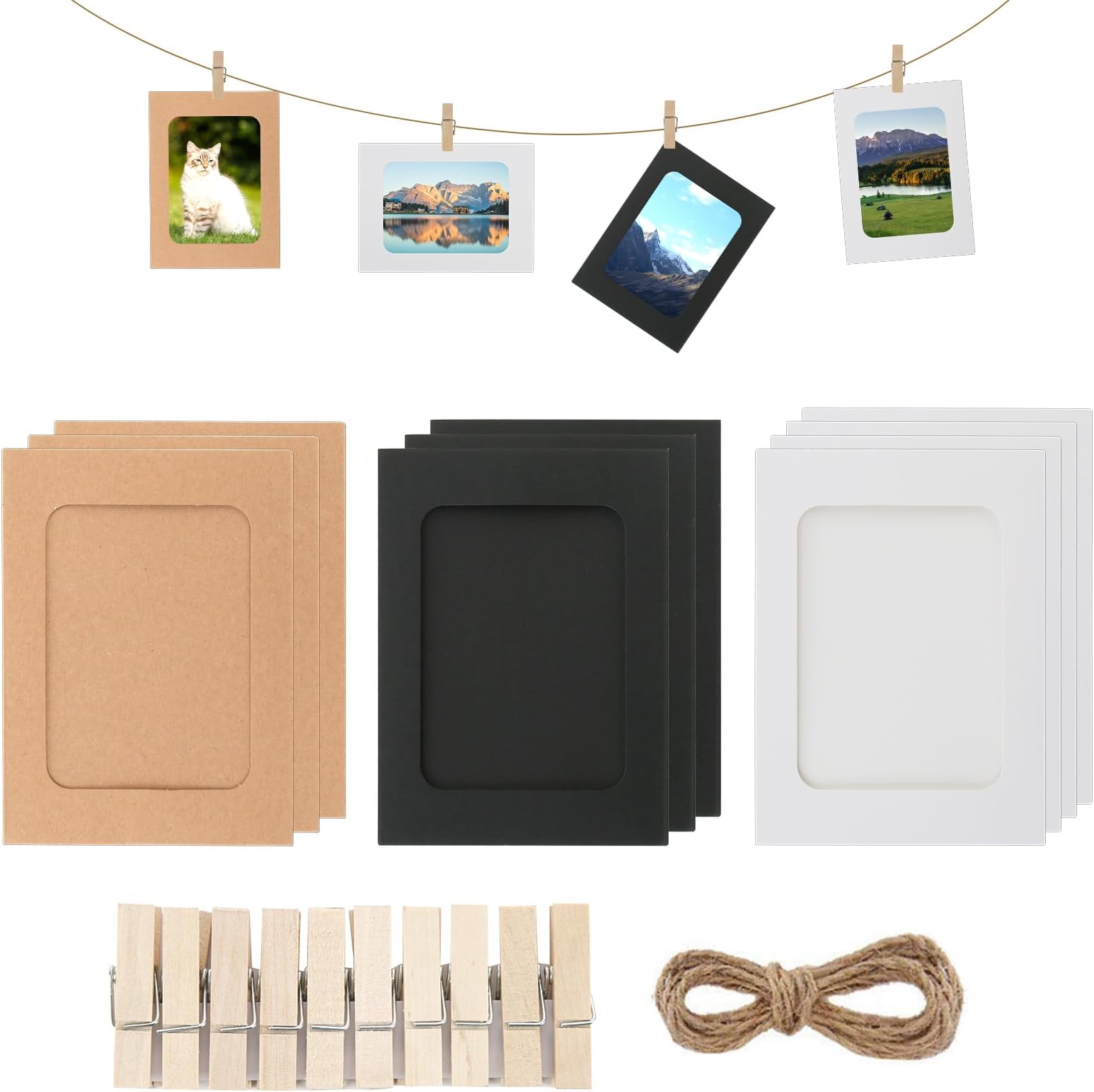 10Pcs Paper Photo Frames, 15.3 x 11.3cm Paper Picture Frame With Wooden Clips and String, DIY Creative Hanging Photo Frames Kit for Home Dorm Office Wall Decor
