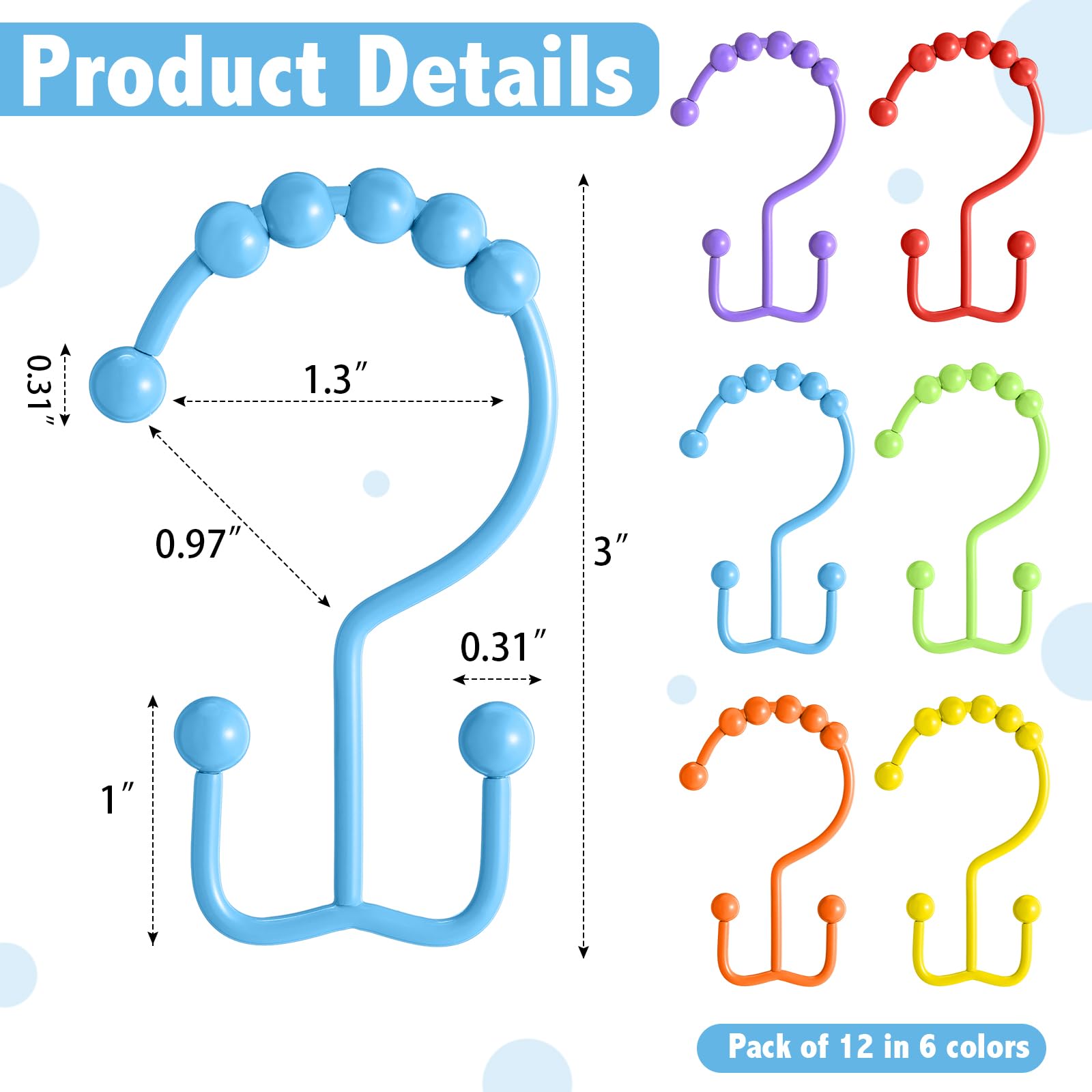 Wenqik 12 Pcs Colorful Shower Curtain Hooks Bohemian Rainbow Color 304 Stainless Steel Rings Rust Proof Balanced Double Glide Shower Hooks for Curtain Bathroom(Rainbow Color)