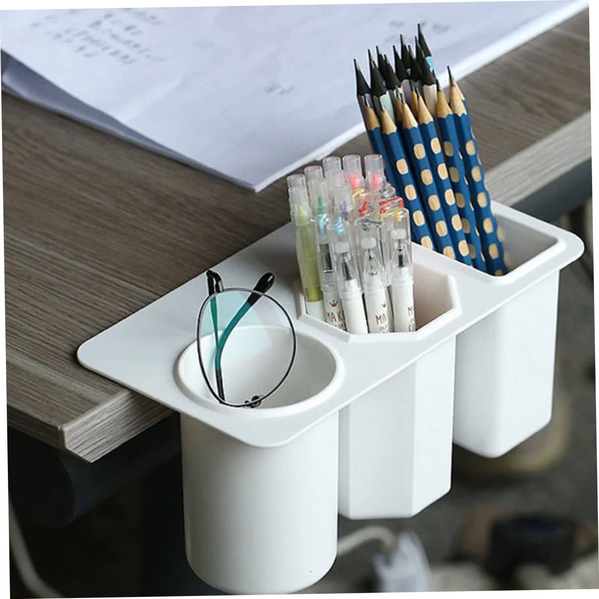 Portapenne da Scrivania a 3 Scomparti, 2 Pezzi, Plastico Bianco | Cassetti, Pulizia Facile, Design Semplice ed Elegante, Uso Versatile per Professionisti