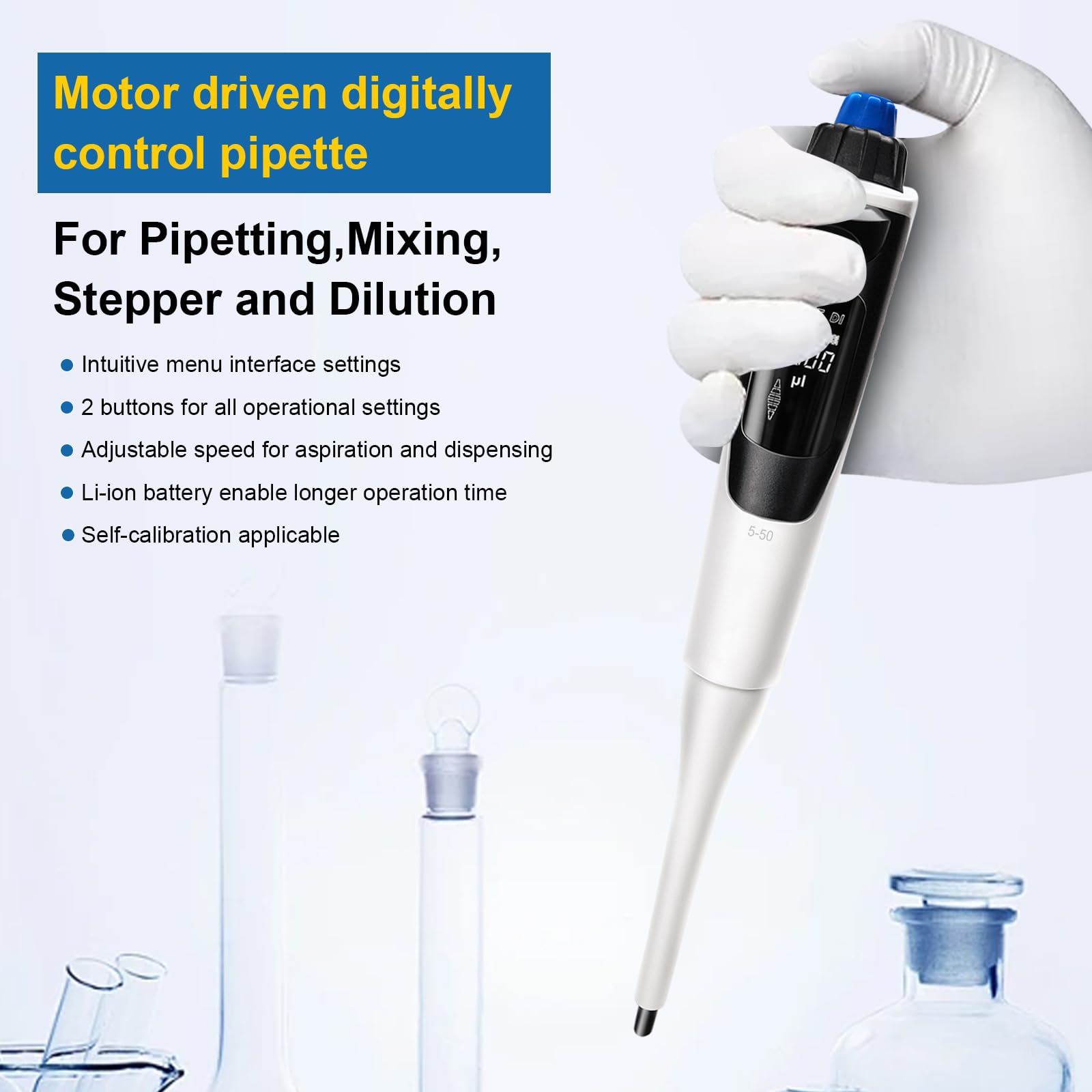 Single Channel Multifunctional Electronic Pipette Adjustable Pipettor w/Universal Tip & Autoclavable Piston, ISO Calibrated Self-caibration Pipettes for Pipetting,Mixing,Stepper & Dilution, 5-50?l
