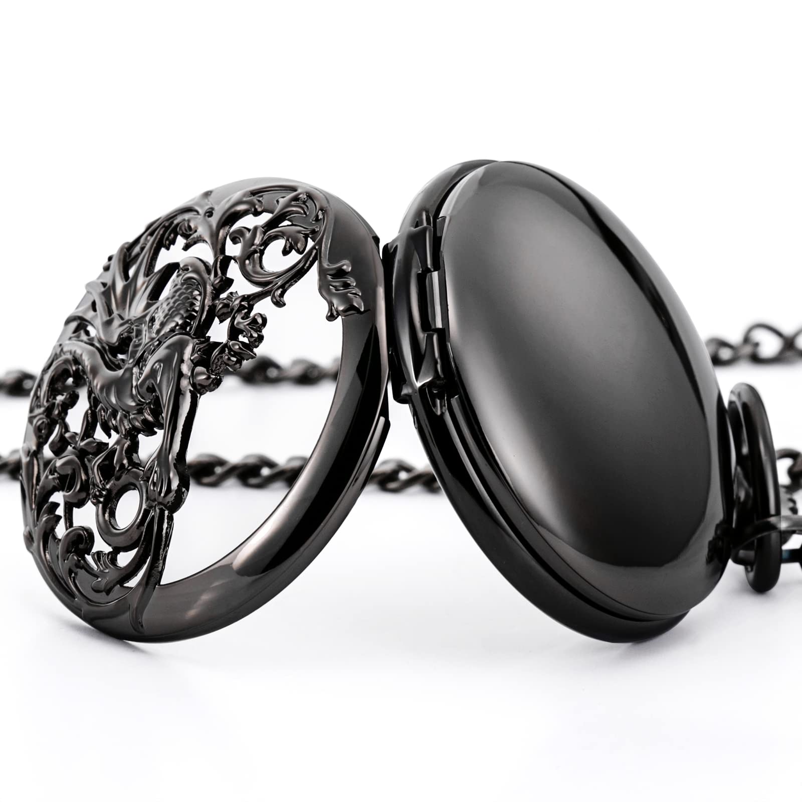 Treeweto - Reloj de bolsillo antiguo de esqueleto mecánico y figura de dragón con cadena