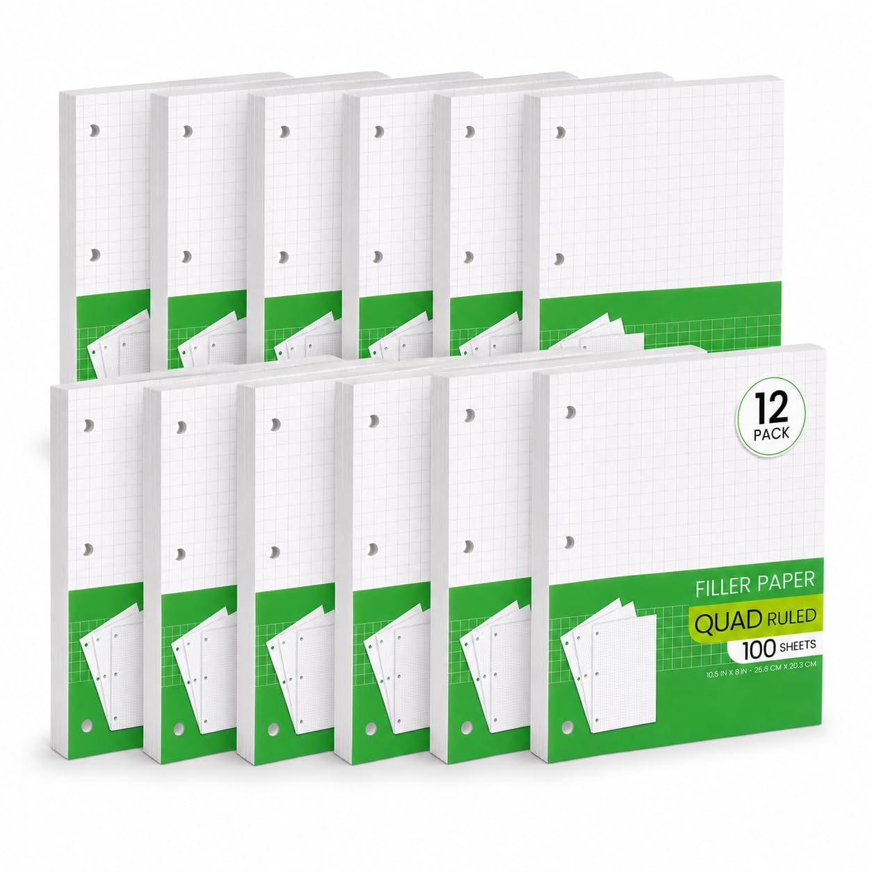 Carta millimetrata, carta di riempimento a fogli sfusi, 20,3 x 26,7 cm, a quadretti, a righe, 4 x 4, carta per quaderni a 3 fori, per raccoglitori a 3 anelli, 100 fogli per confezione (12 pezzi)