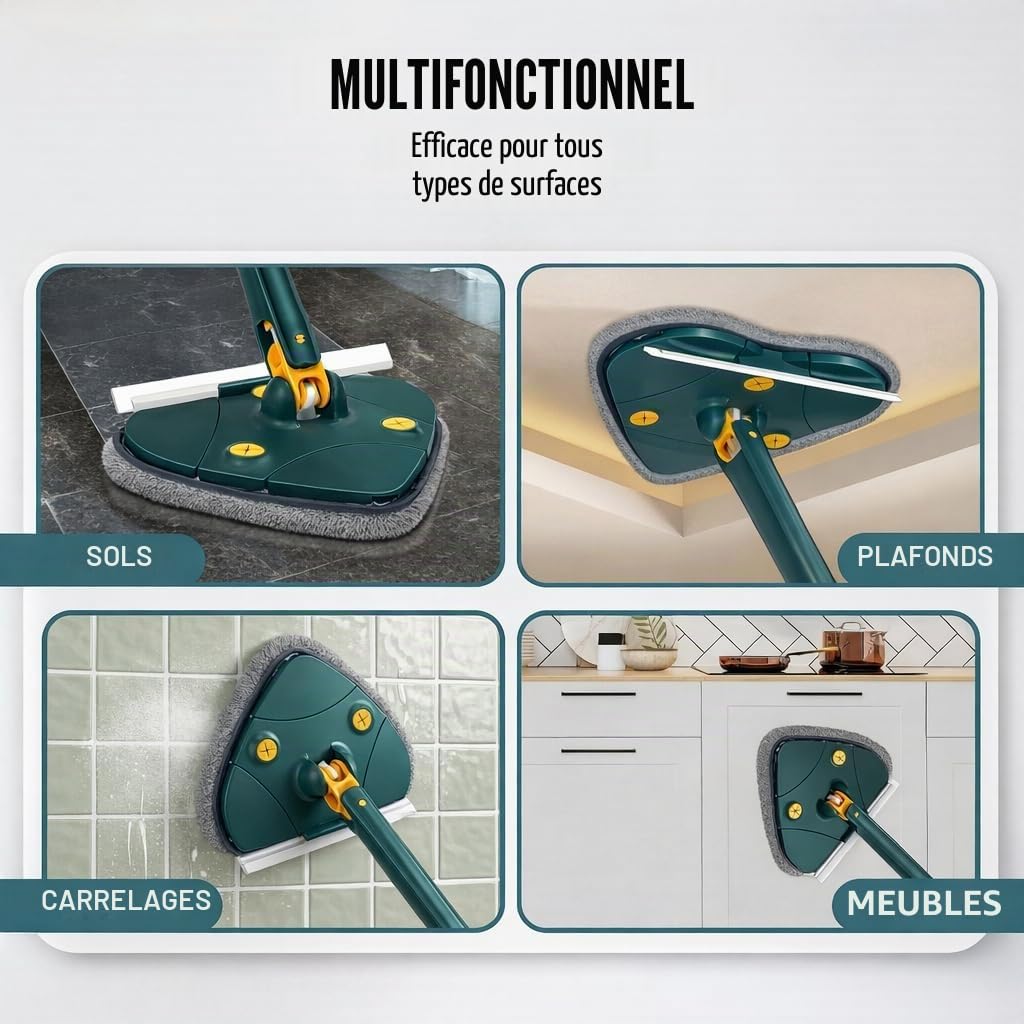 Bione Serpillère triangulaire auto-essorante avec 6 serpillières et raquette de nettoyage de vitres - Serpillère auto-essorante rotative à 360 °