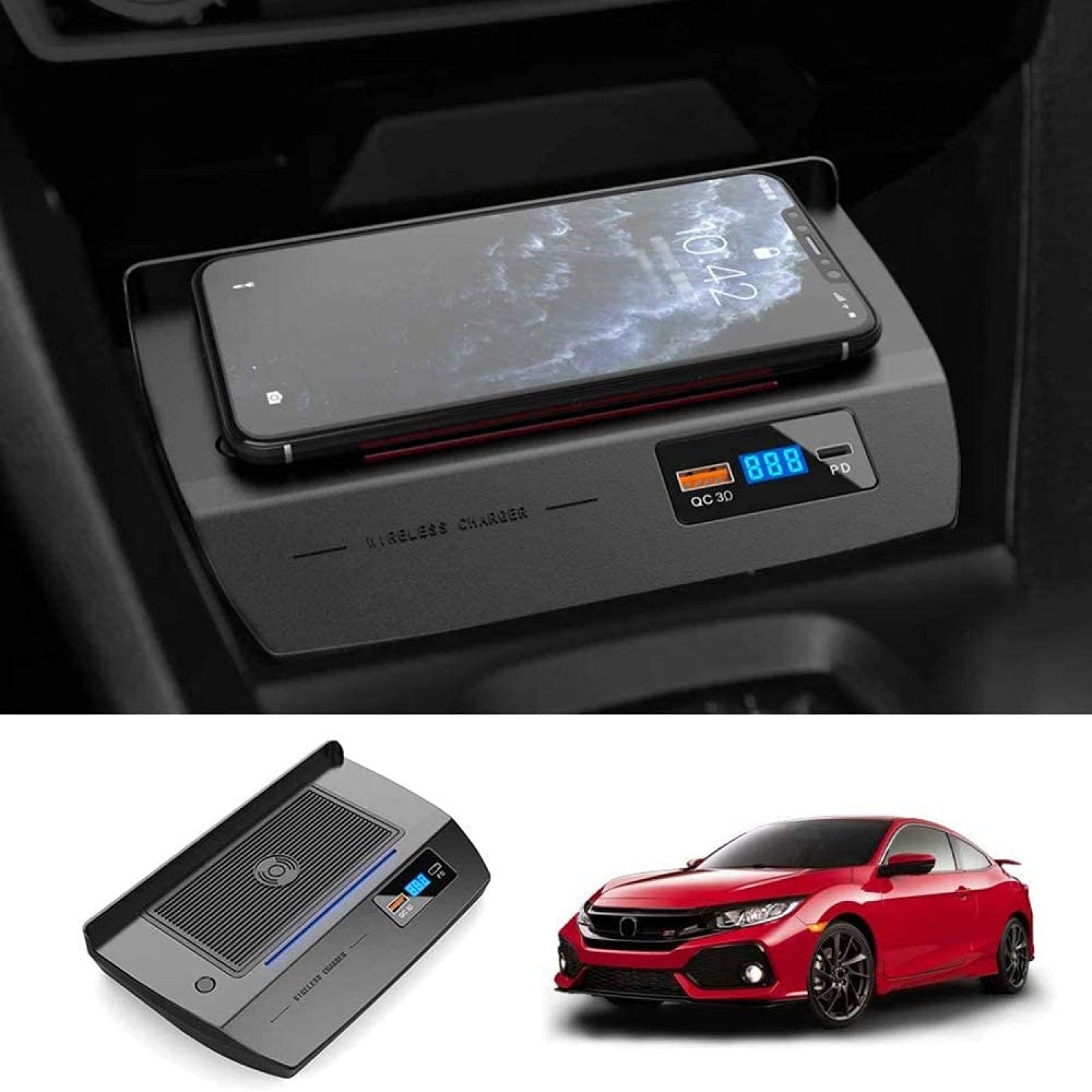 NAMEAL Car Wireless Charger for 10th Gen Civic 2020 2019 2018 2017 2016 Center Console Accessory Panel 15W Qi Fast Charging Phone Charger Pad with 18W QC3.0 USB Port and PD Port