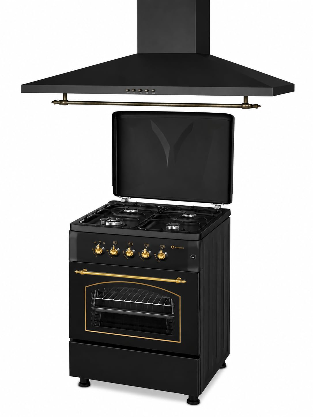 PACK AHORRO COCINA GAS F6S40G2 + CAMPANA de 90 cm H90PR / ESTILO RUSTICO NEGRO CON RIBETES DORADOS/ANCHO 60 CM/FUEGOS CON ENCENDIDO AUTOMATICO/HORNO 60 L.