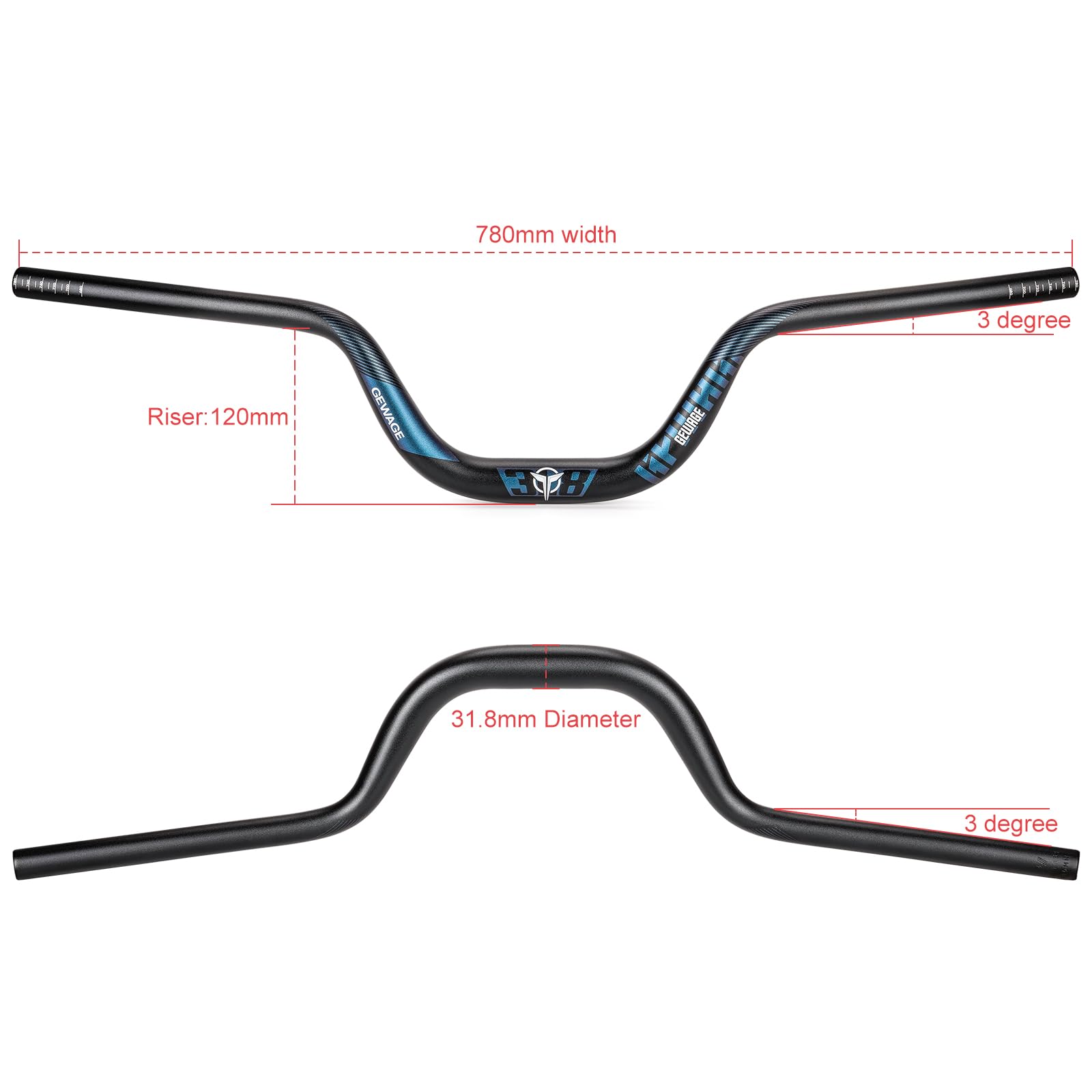 Guidon de vélo 31,8 cm – 25 mm, 55 mm, 70 mm, 90 mm, 120 mm – Guidon de vélo en alliage d'aluminium de 780 mm (120 mm d'élévation)