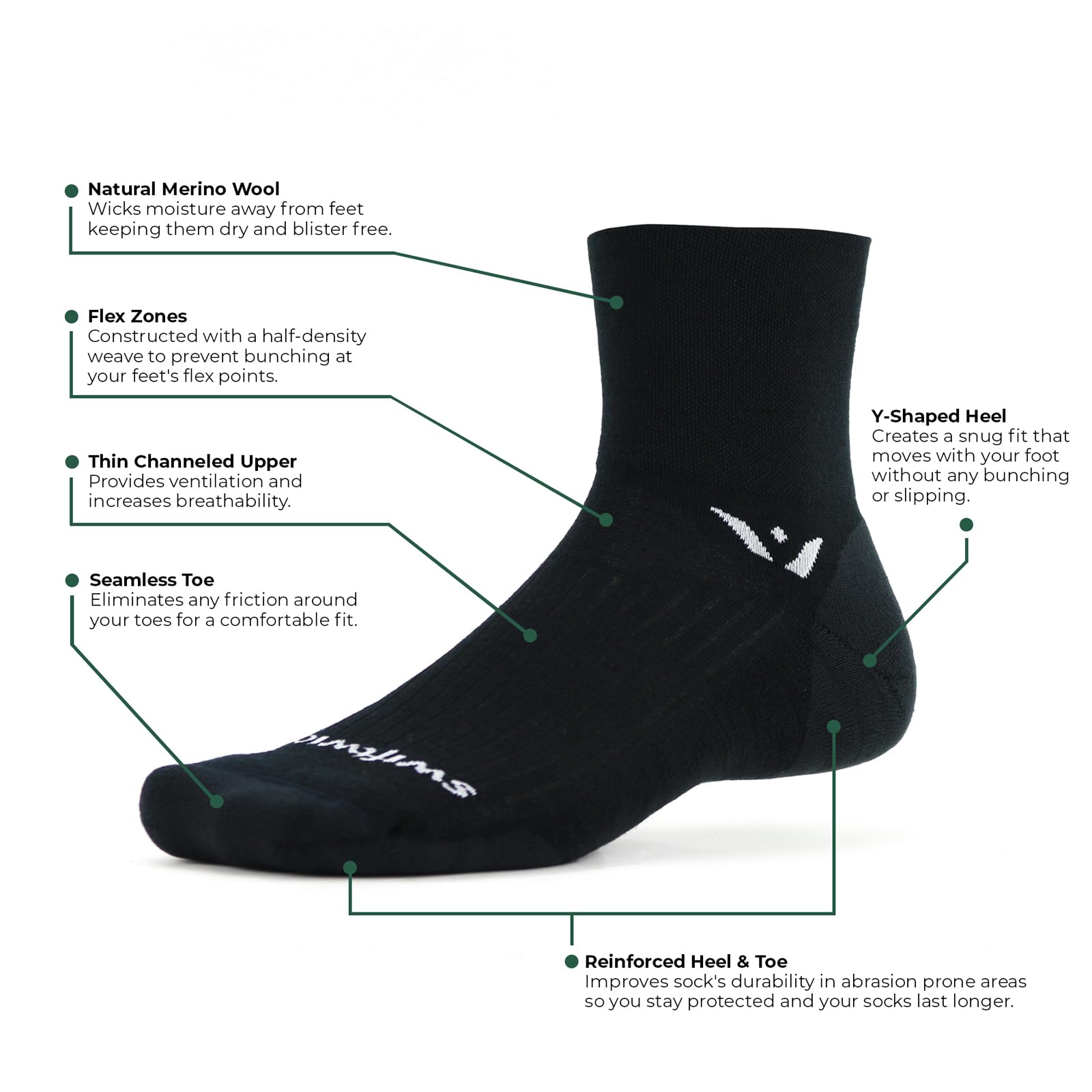 Swiftwick- PURSUIT FOUR Trail Running & Cycling Socks, Merino Wool, Durable Crew (Black, Medium)