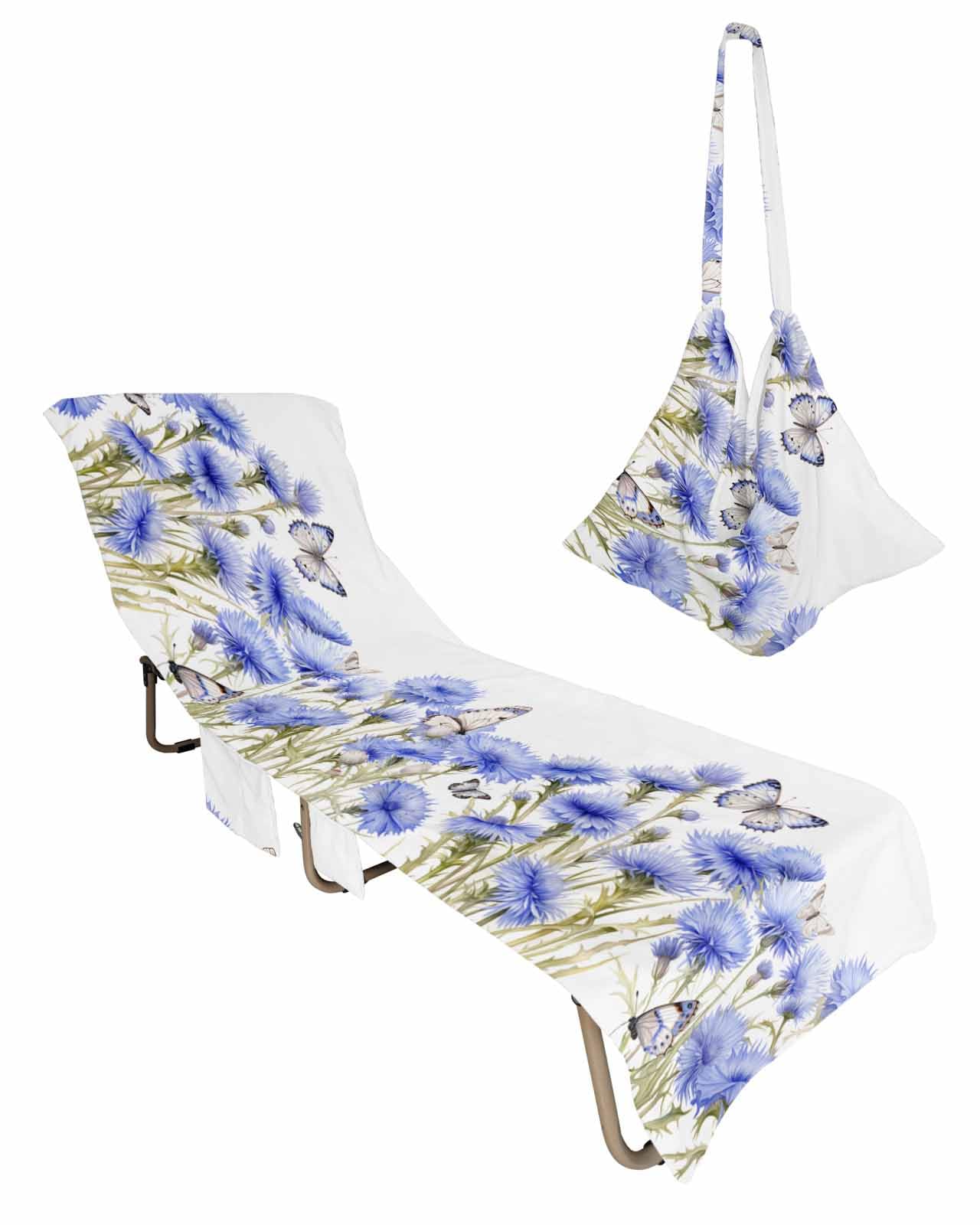 Blue Spring Floral Beach Lounge Chair Towel Cover, Soft Chaise Lounge Towel with Side Pockets Patio Pool Chairs Cover for Beach/Pool Sunbathing 29x85 Watercolor Summer Botanical Elegant