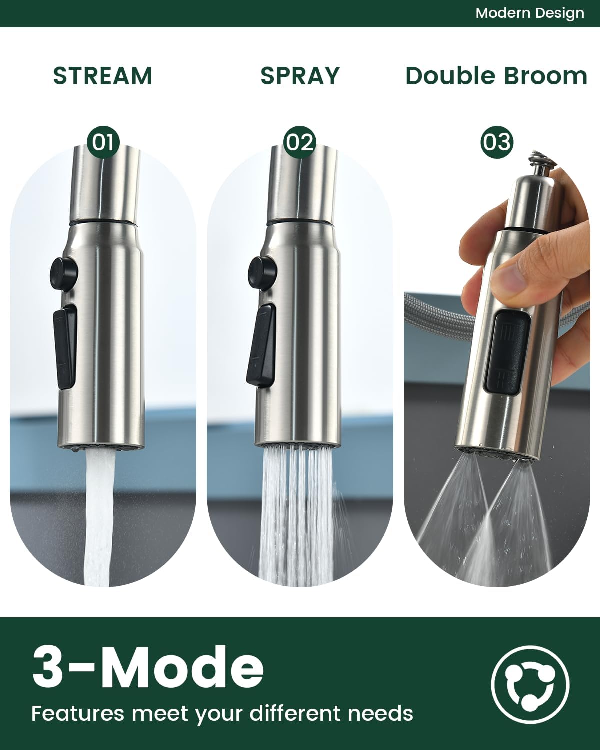 APPASO 4 Hole Kitchen Faucet with Pull Down Sprayer, 3 Hole Dual Handle Kitchen Faucet with Soap Dispenser and 3-Function Spray, 2 Handles Brushed Nickel Stainless Steel for 3-Hole & 4 Holes Sink - Image 3