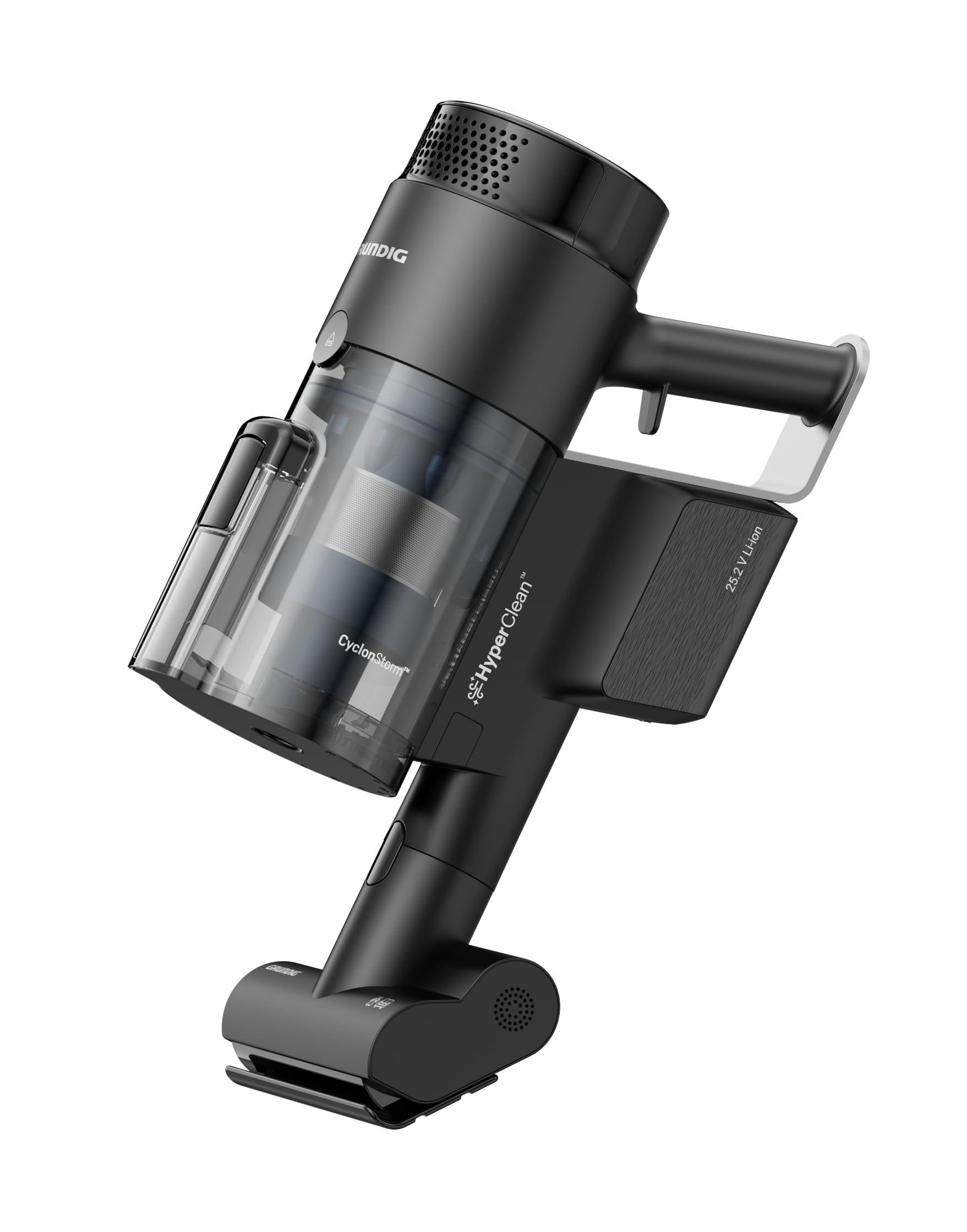GRUNDIG VCP 9431 Pro 2-in-1-Akkusauger, HyperClean, CyclonStorm-Technologie, knickbares Rohr, 3 Saugkraftstufen, 450 W Motor, 500 ml Staubbehälter, bis zu 60 Minuten Laufzeit, Silber-Schwarz